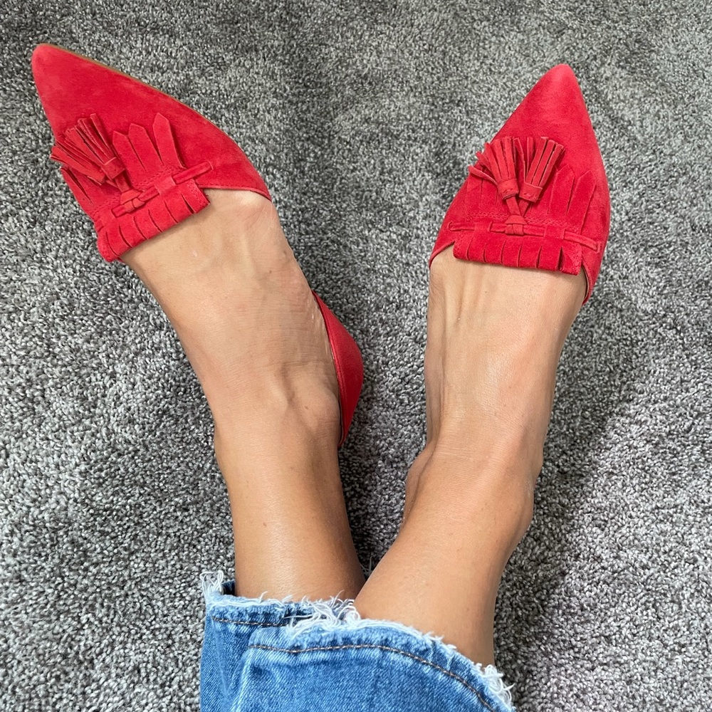 J. Crew red suede flats with tassel detail
